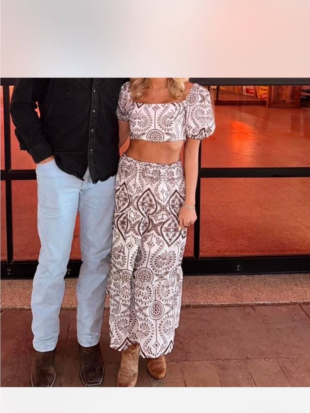 Two-Piece Printed Crop Top and Maxi Skirt Set in White and Brown